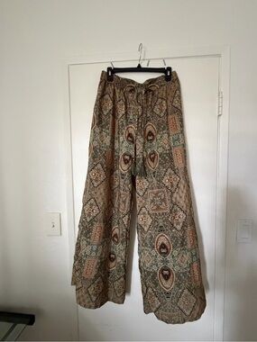 Tahari Printed Wide-Leg Pants in Olive and Tan Paisley